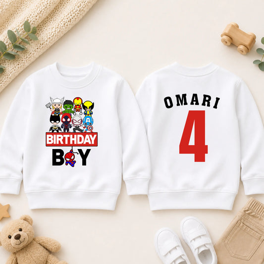 Boys Personalised Superhero Birthday Sweatshirt with Name & Age Front and Back AishaBaileyDesigns