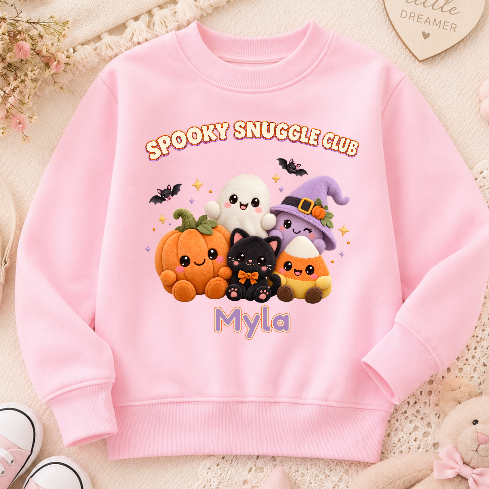 Personalised Halloween Sweatshirt for Kids with kawaii plush pumpkin, ghost, witch, black cat and candy corn Spooky Snuggle Club design.