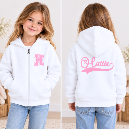 Girls Personalised Varsity Hoodie with varsity initial on front and personalised script name on back, available in multiple colours.