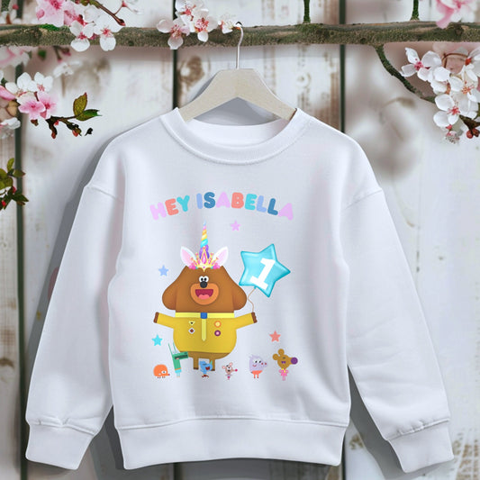 Hey Duggee Birthday Sweatshirt - Girls Personalised Unicorn Hey Duggee Jumper, custom hey duggee sweatshirt, hey duggee birthday sweatshirt, custom hey duggee