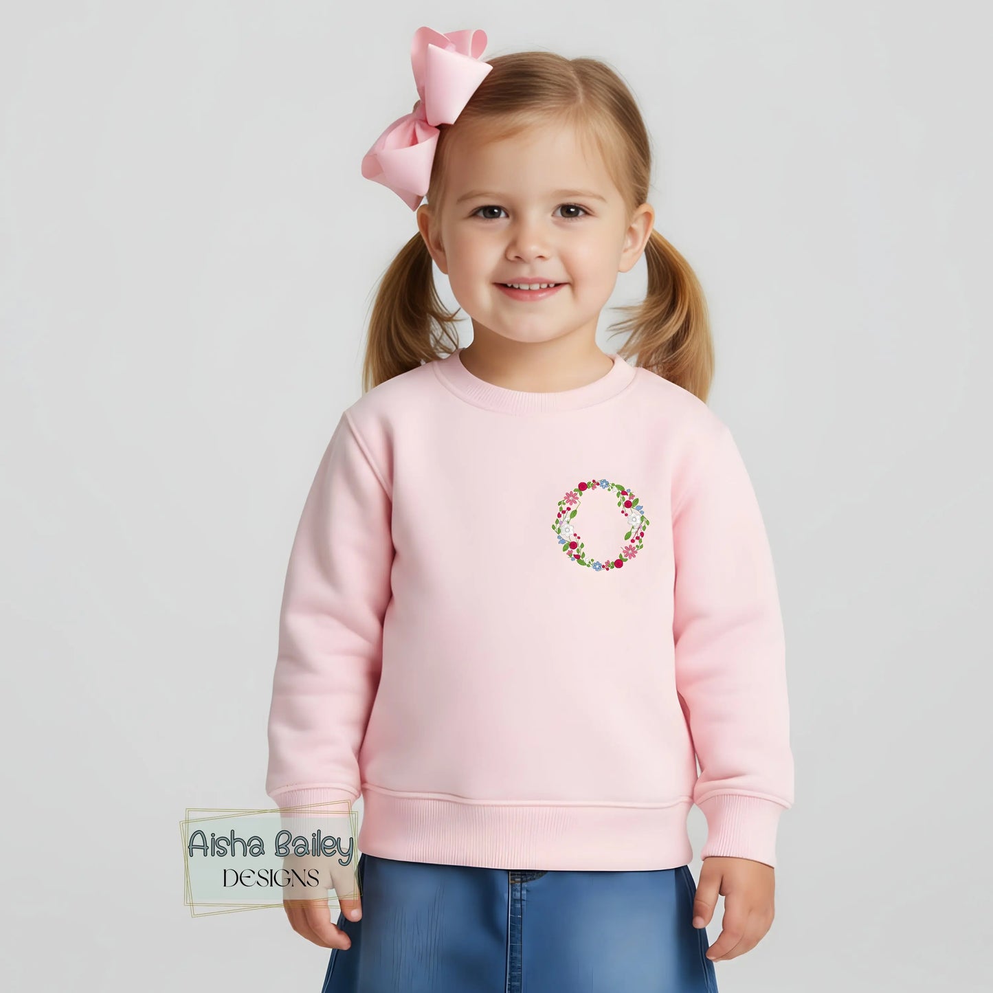 Floral initial embroidered sweatshirt: Floral initial girls sweatshirt featuring delicate embroidered flower letter design on soft kids jumper.