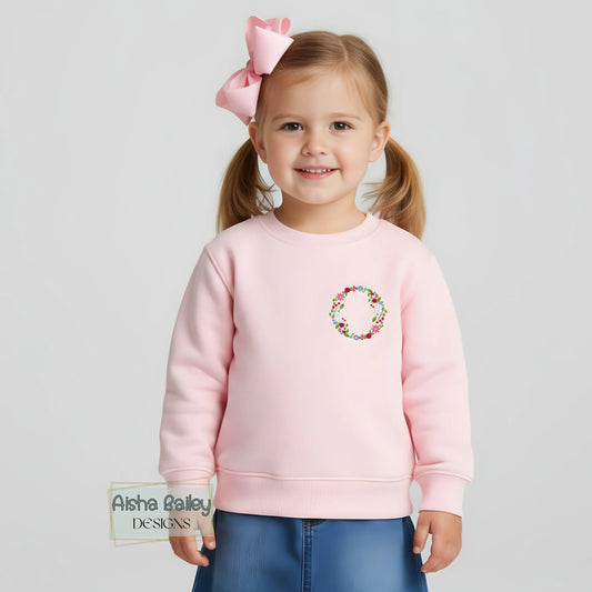 Floral initial embroidered sweatshirt: Floral initial girls sweatshirt featuring delicate embroidered flower letter design on soft kids jumper.