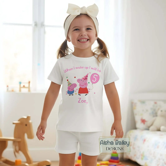 Peppa and George Pig Birthday Pyjamas: Personalised Ms Rachel Short Birthday Pyjamas for Girls with custom name and age,