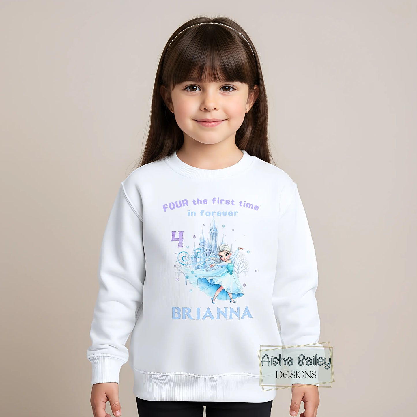 Personalised Frozen Elsa 4th birthday sweatshirt for girls with custom name princess winter design