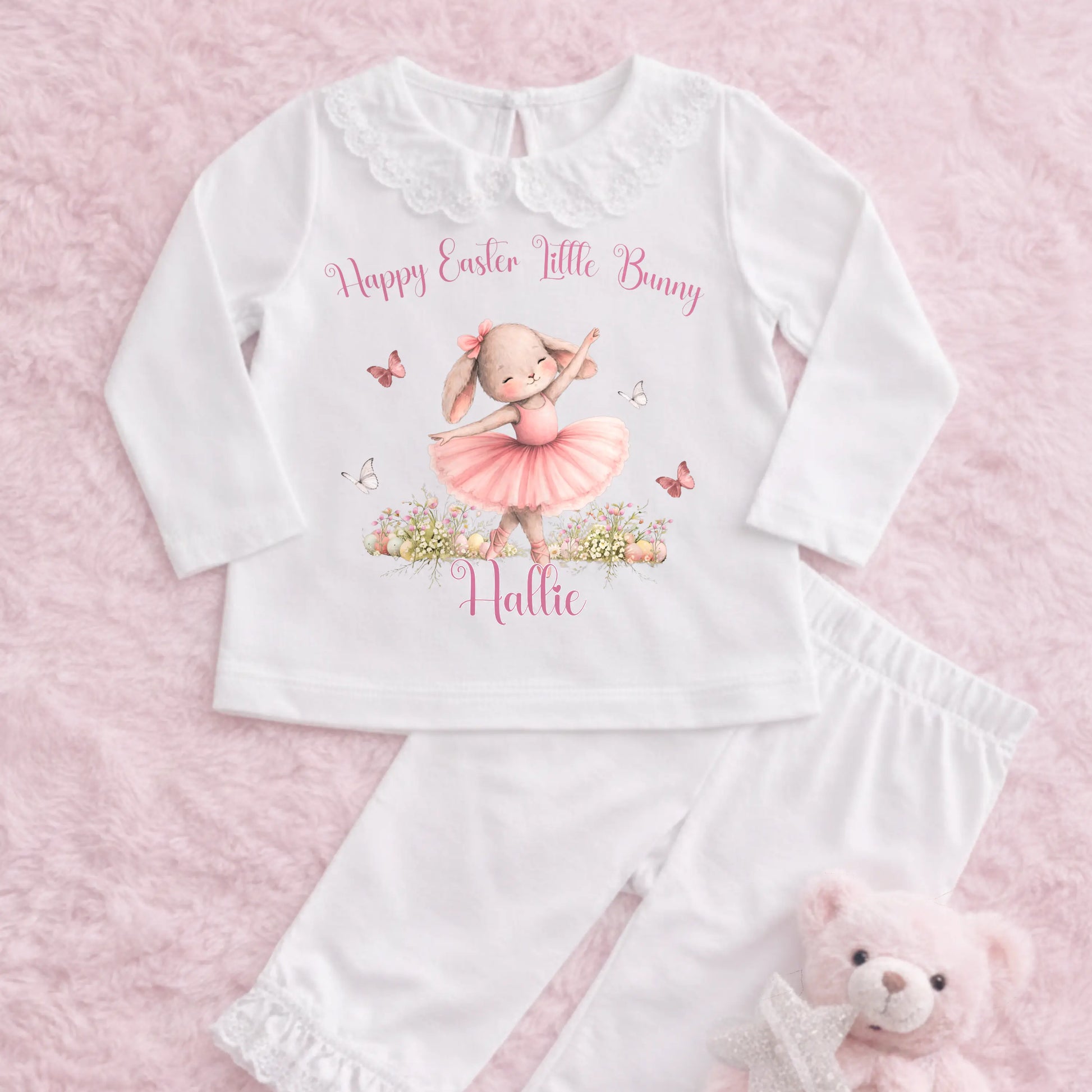 Personalised Easter Pyjamas for Girls – Bunny Design in Soft Pastel Colours on Frilly PJs AishaBaileyDesigns