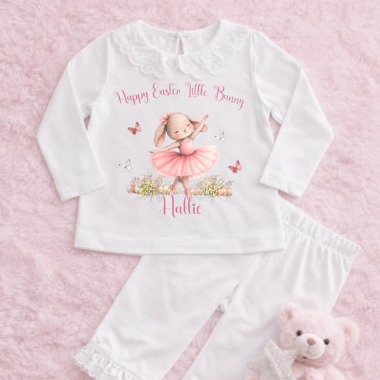 Personalised Easter Pyjamas for Girls – Bunny Design in Soft Pastel Colours on Frilly PJs AishaBaileyDesigns