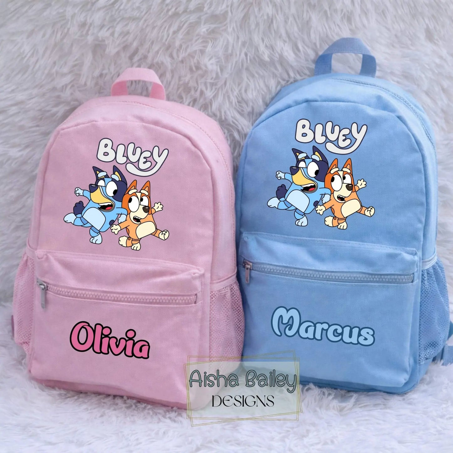 Personalised Bluey backpack for kids with custom name, pink and neutral school bag for toddlers and children with Bluey characters