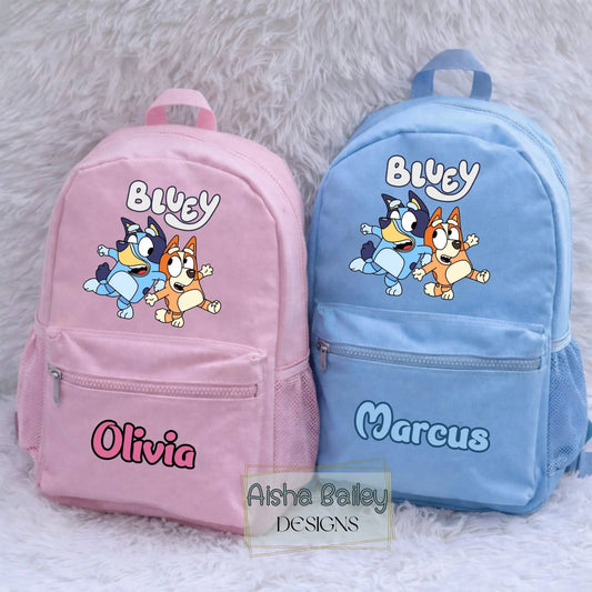 Personalised Bluey backpack for kids with custom name, pink and neutral school bag for toddlers and children with Bluey characters