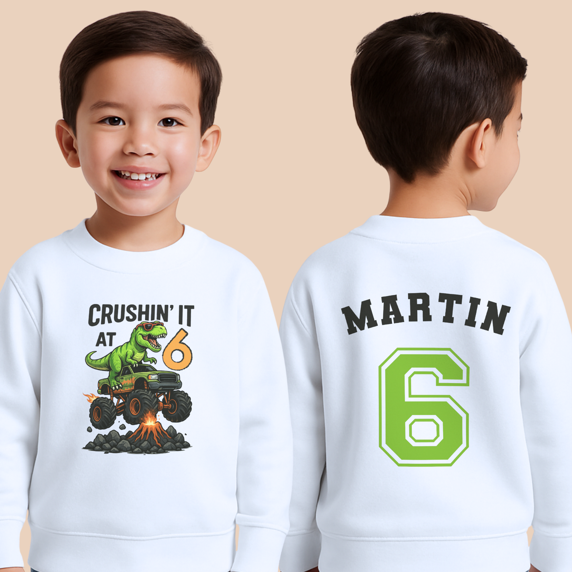Personalised boys dinosaur birthday sweatshirt with T-Rex monster truck and custom name and age back print