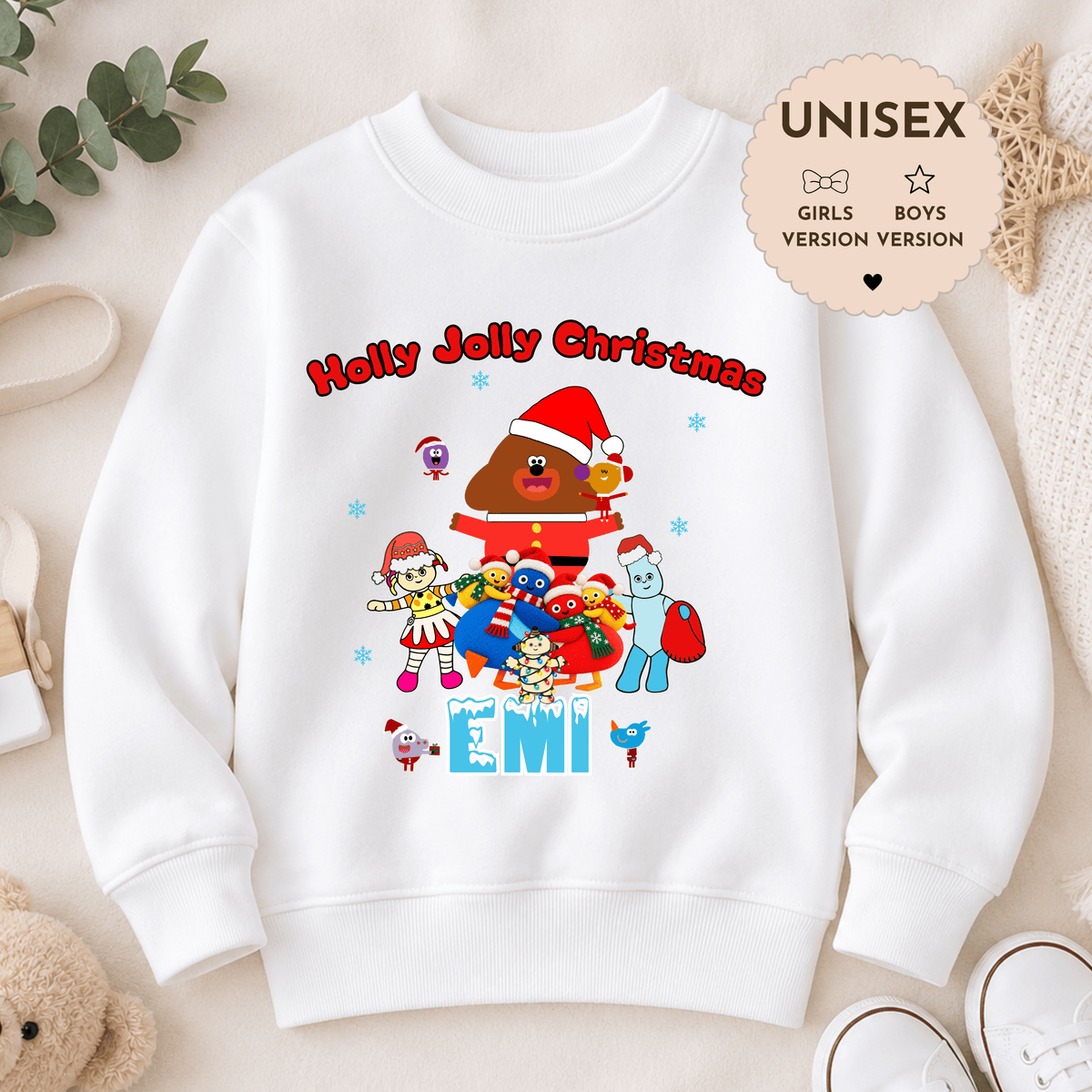 Personalised CBeebies Christmas Jumper for kids featuring festive CBeebies-inspired characters and a custom name, perfect for Christmas.