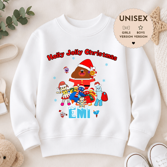 Personalised CBeebies Christmas Jumper for kids featuring festive CBeebies-inspired characters and a custom name, perfect for Christmas.