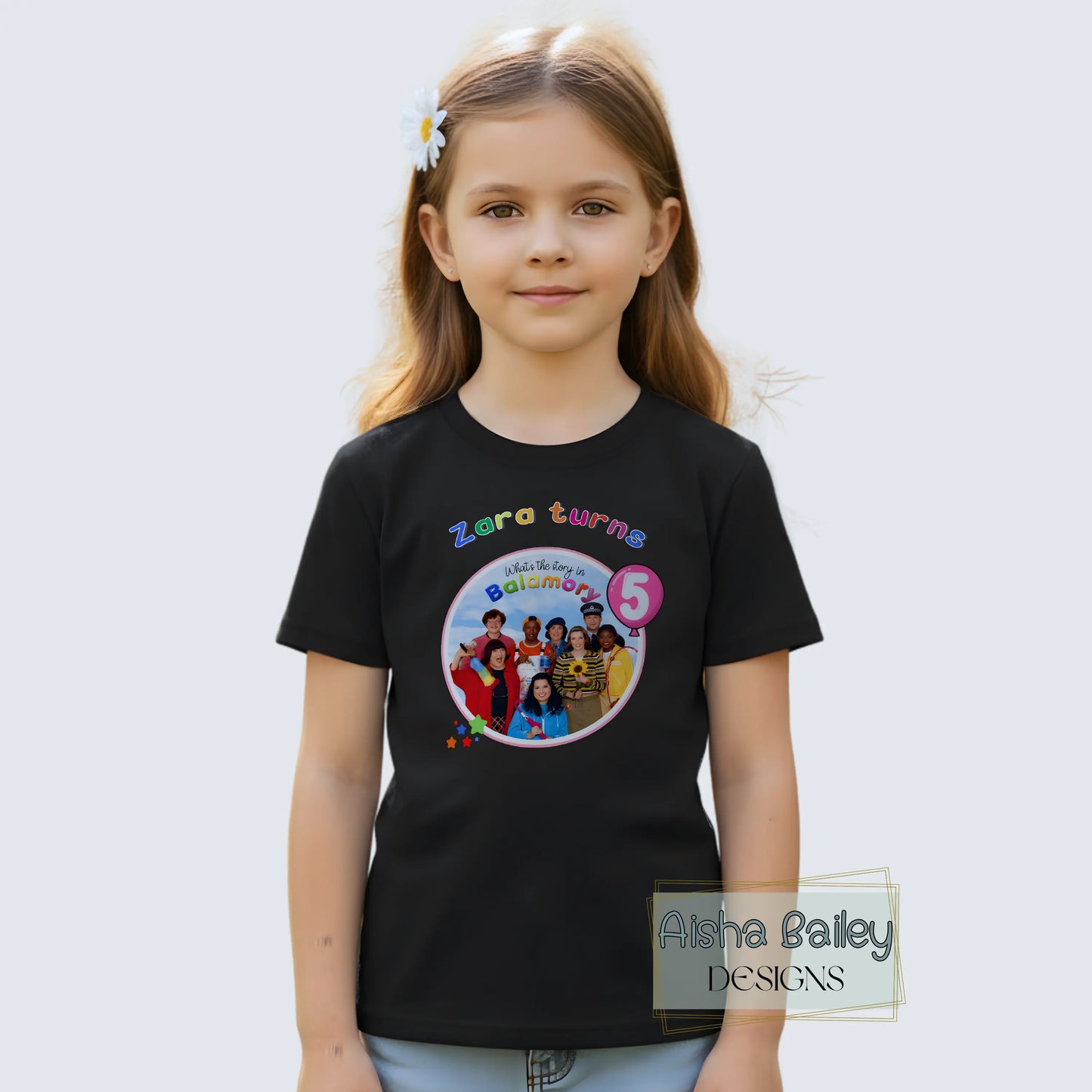 Personalised Balamory birthday t-shirt for girls with custom name and any age colourful toddler birthday shirt