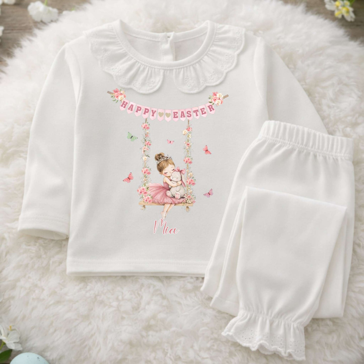 Personalised Easter Pyjamas: Girls Easter Pyjamas personalised with custom Name. Floral Easter bunny design perfect Easter gift for girls