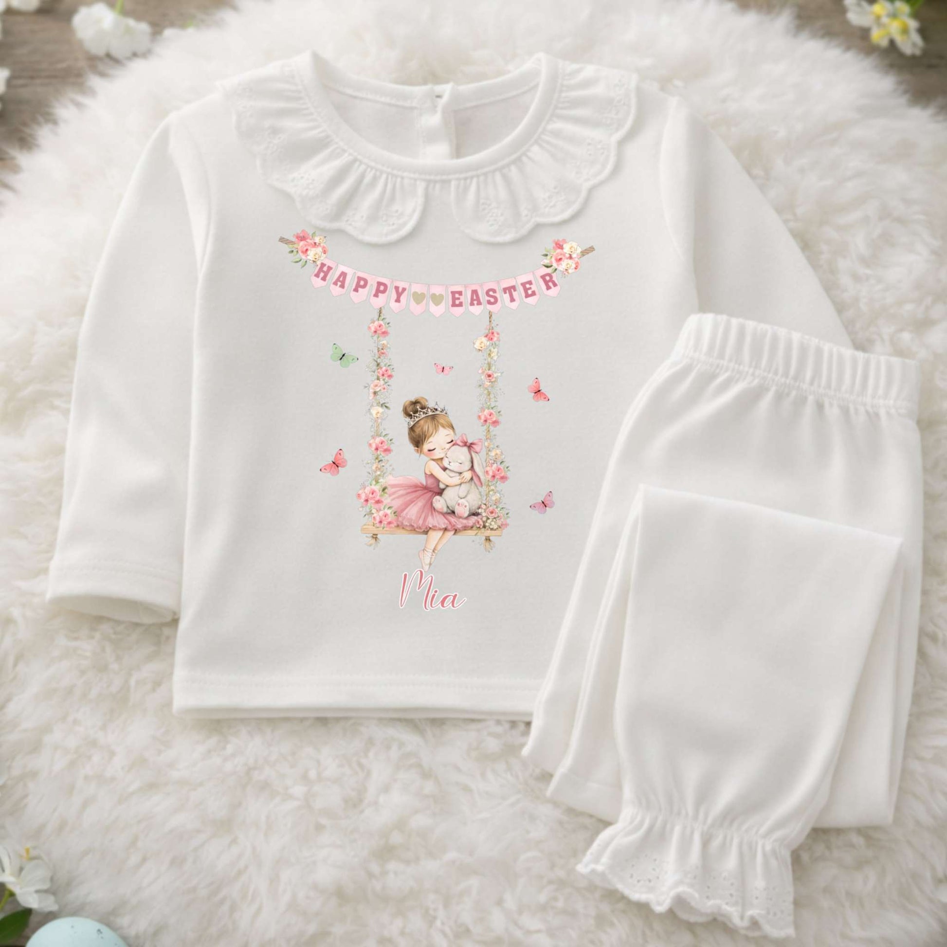 Personalised Easter Pyjamas: Girls Easter Pyjamas personalised with custom Name. Floral Easter bunny design perfect Easter gift for girls