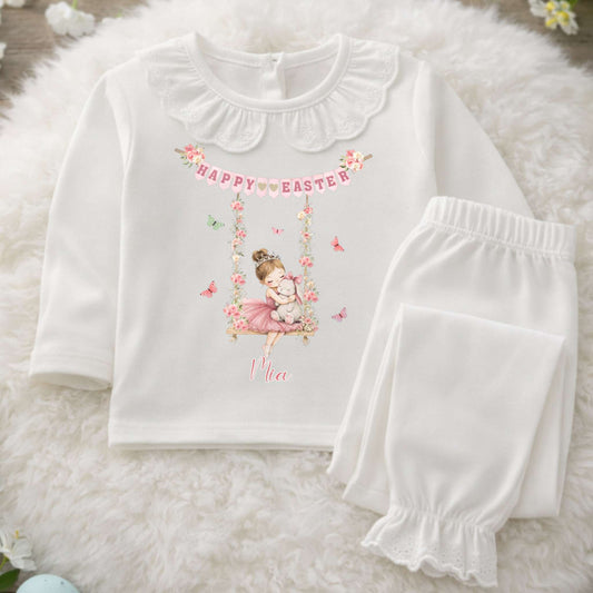 Personalised Easter Pyjamas: Girls Easter Pyjamas personalised with custom Name. Floral Easter bunny design perfect Easter gift for girls