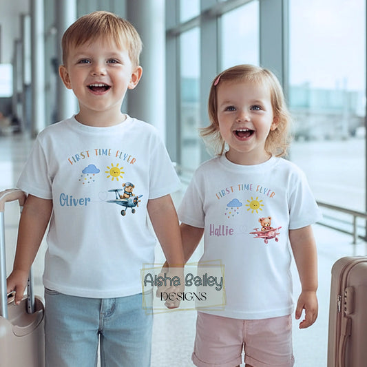 Personalised first flight t shirt for kids featuring teddy bear travel design with custom child name for family holidays and airport outfits