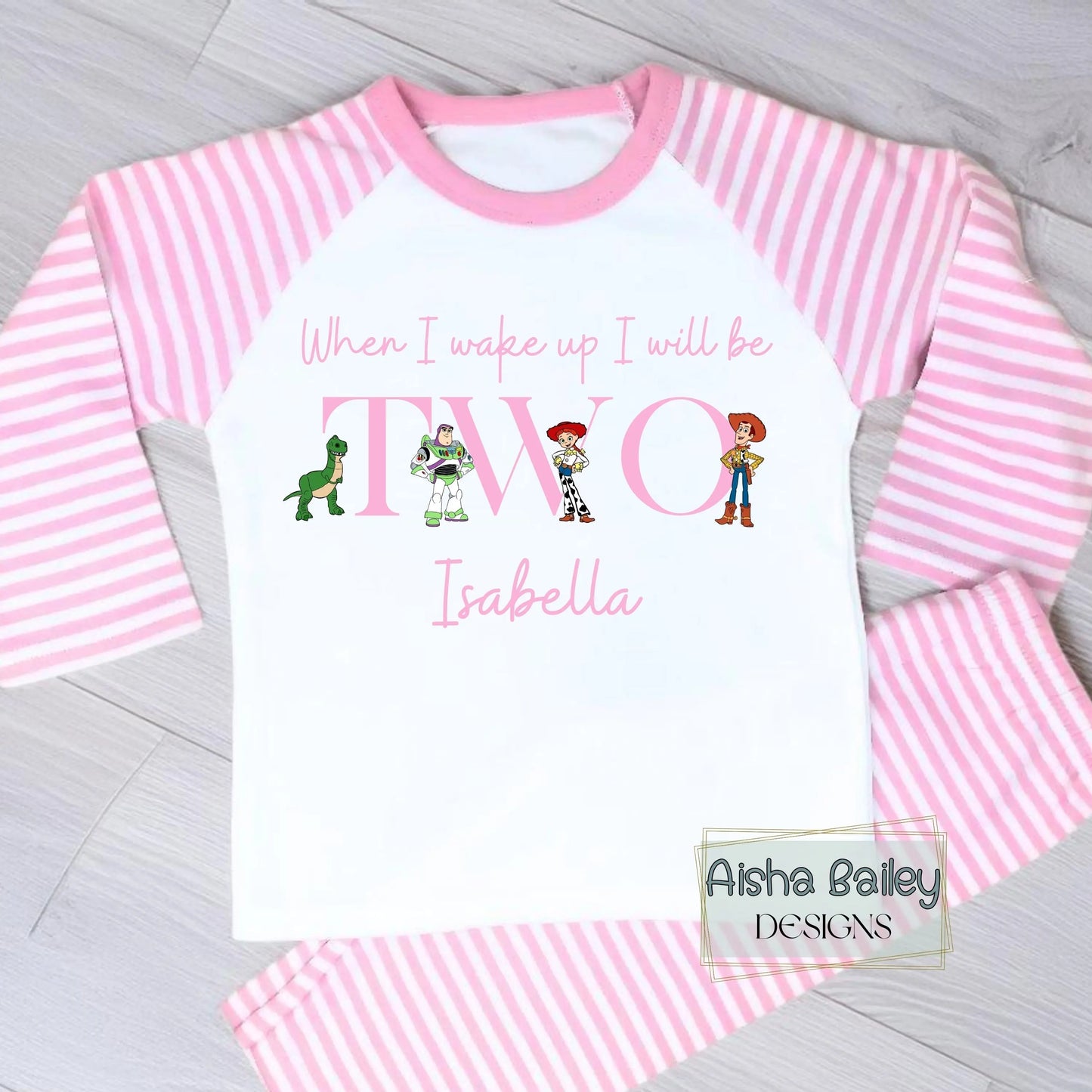 Personalised Toy Story birthday pyjamas for girls with custom name, when I wake up I will be birthday outfit pink kids pyjama set