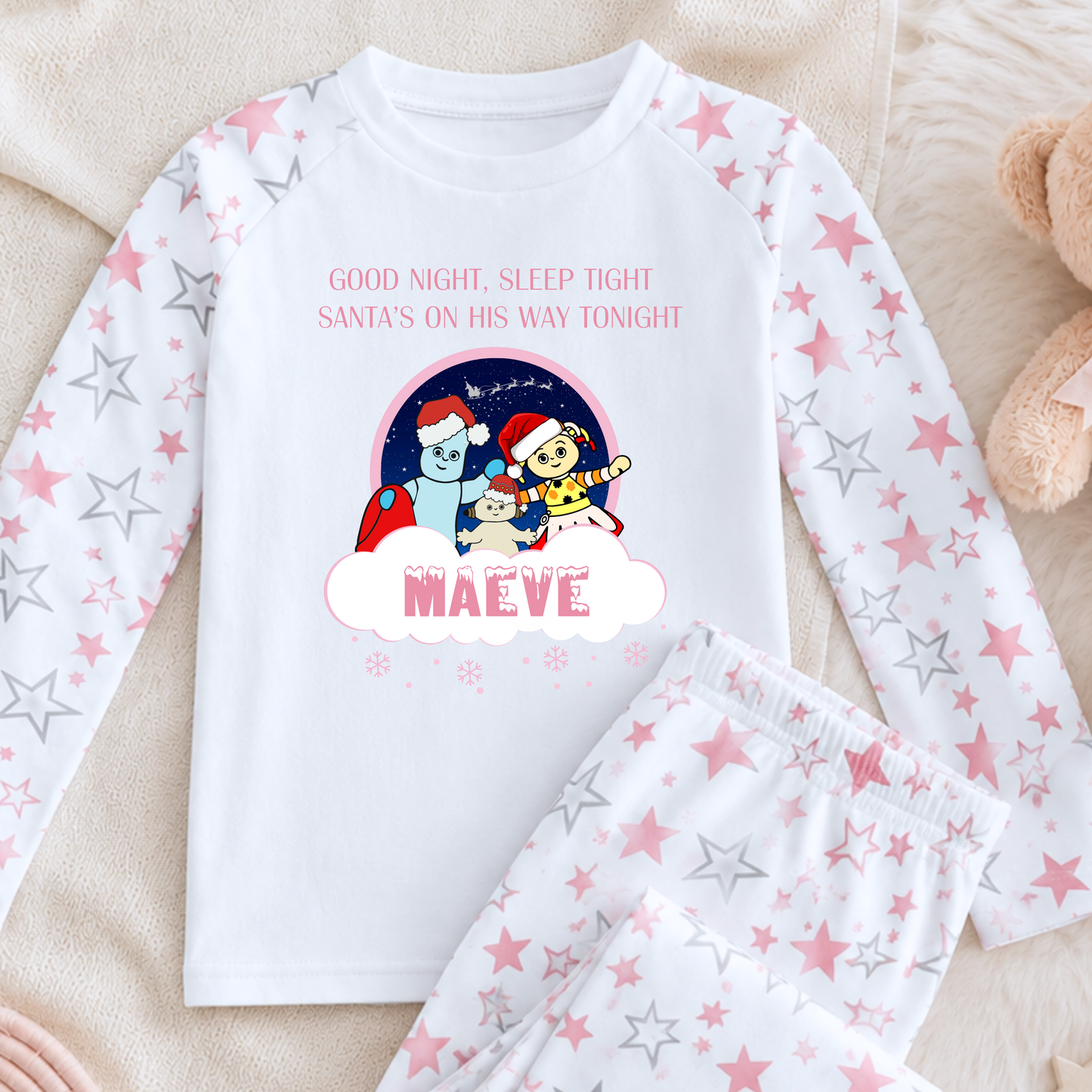 Girls Christmas Pyjamas personalised with name, featuring In the Night Garden characters Igglepiggle, Upsy Daisy and Makka Pakka in a festive design.