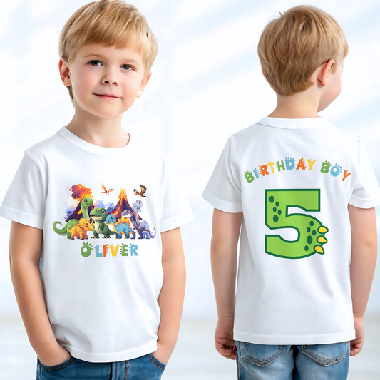 Dinosaur Birthday T-shirt: Personalised Boys Dinosaur Birthday T-Shirt, designed for a toddler's birthday party. The shirt features a vibrant back print of a playful dinosaur number, symbolising the birthday boy age. It's a stylish, comfortable, and customisable Dino Trex Party Top, perfect for a dinosaur-themed celebration. Personalisation options include adding the child's name and age, making it a unique keepsake. Ideal for making your little dino-lover feel special on his birthday.