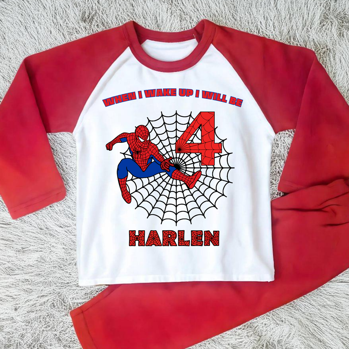 Personalised Spider-Man Birthday Pyjamas with child’s name and age, featuring a colourful superhero design for boys and girls celebrating their birthday.