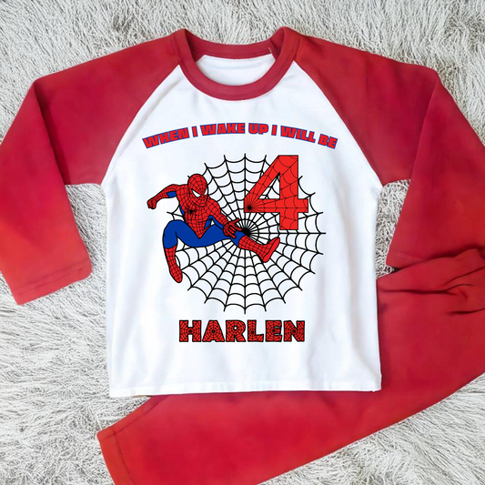 Personalised Spider-Man Birthday Pyjamas with child’s name and age, featuring a colourful superhero design for boys and girls celebrating their birthday.