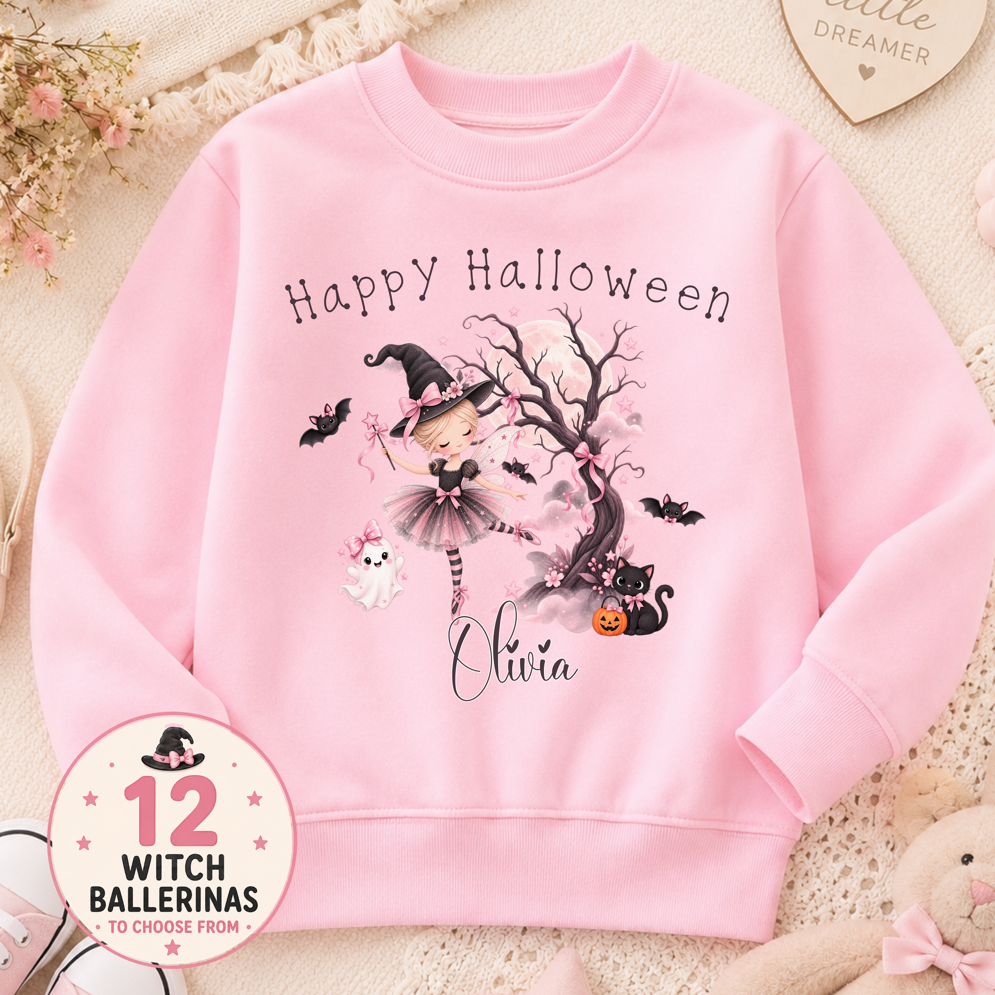Personalised Halloween Sweatshirt for girls with witch ballerina, black cat, ghost, bats and child's name in pink Halloween design.