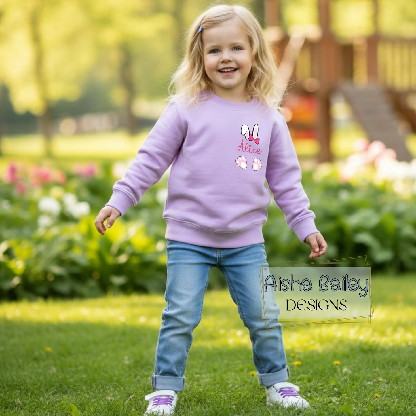 Personalised Easter top for girls with bunny ears design and custom name on left breast. Available in sweatshirt and t-shirt, Easter gift for kids