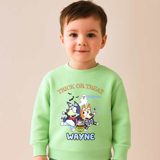 Personalised Halloween sweatshirt with Bluey and Bingo design and custom name for kids
