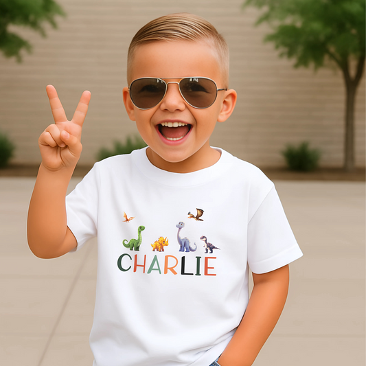 personalised dinosaur t-shirt, toddler shirt with name, custom t-shirt for boys, custom dinosaur top, custom name shirt
