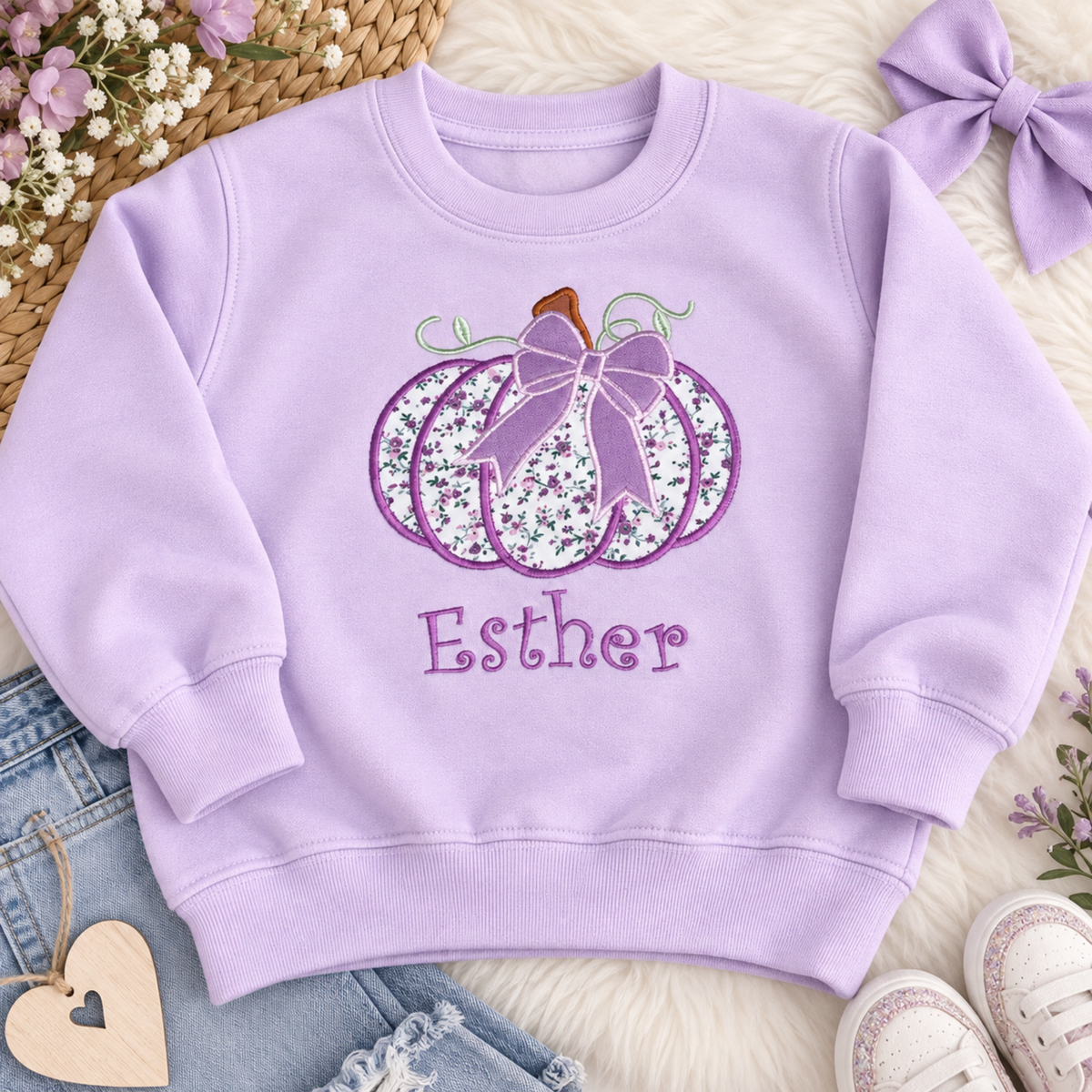 Personalised Halloween Sweatshirt for girls with embroidered floral pumpkin, purple bow and custom name, available in pink, lilac and white