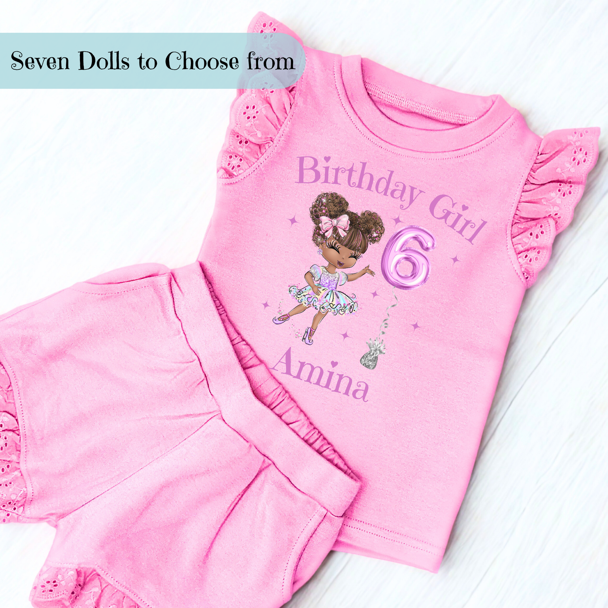 A vibrant and colourful personalised birthday outfit for girls, featuring a glitter-like design reminiscent of a pop star's ensemble. The set includes frilly shorts and a matching top, both adorned with rainbow hues, offering a playful and festive look. This personalised birthday girl outfit is perfect for a birthday celebration, capturing the spirit of fun and fashion. It also comes with a custom rainbow doll in the design, making it an ideal gift for young fashion enthusiasts.