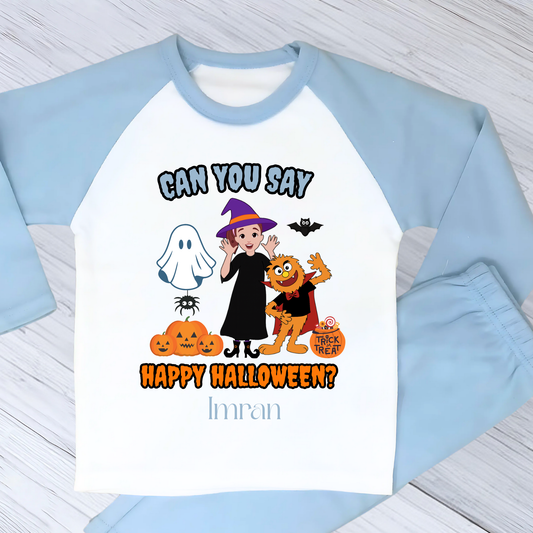Boys personalised Ms Rachel Halloween pyjamas with “Can You Say Happy Halloween?” design and child’s name