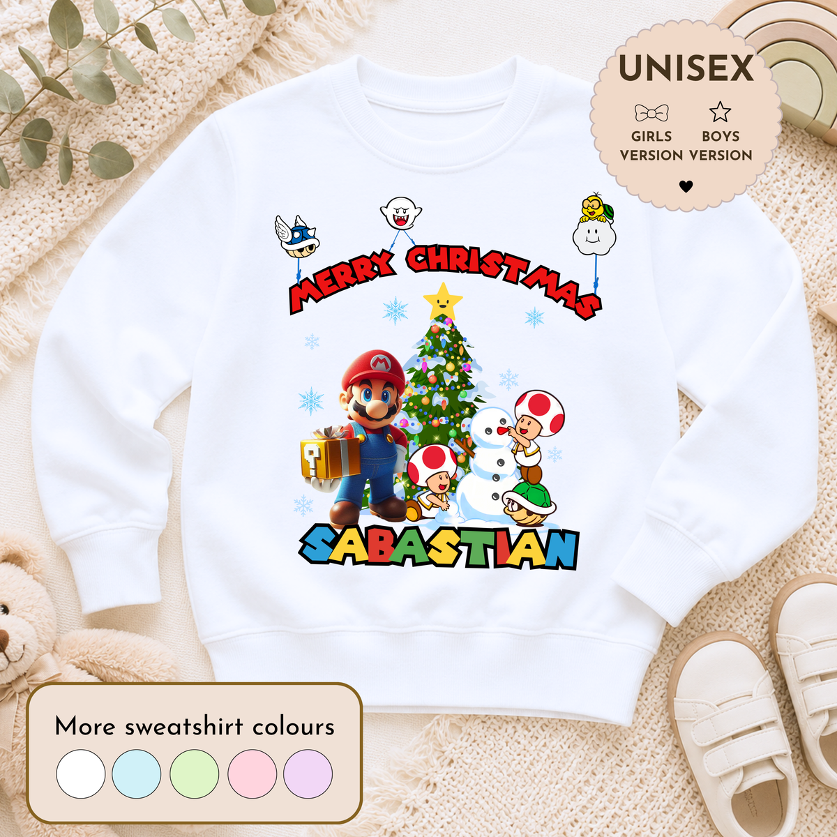 Personalised Mario Christmas Jumper: Kids Xmas Sweatshirt