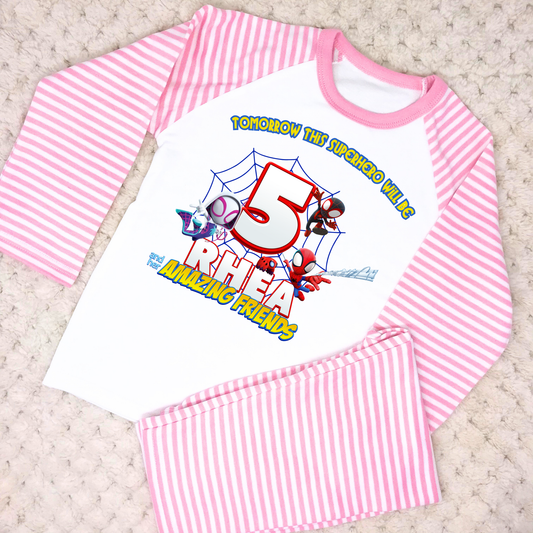 Spidey birthday pyjamas, when i wake up spidey, spidey and his amazing friends, spidey for girls personalised, girls superhero pjs