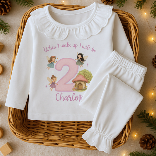 Girls Fairy Birthday Pyjamas – Magical Fairies on White Frill Pyjamas