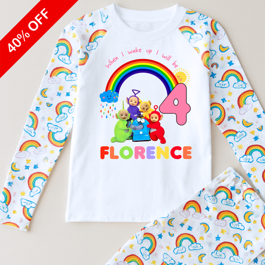 Teletubbies birthday pyjamas, when i wake up teletubbies, custom name pjs, teletubbies birthday pyjamas on rainbow print