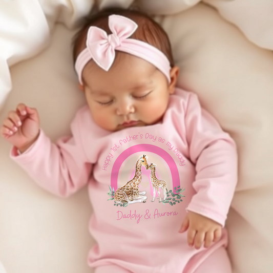 1st Father's Day Sleepsuit, first fathers day, 1st Father's day outfit, Safari father's day outfit, baby girl father's day, Newborn baby gift, giraffe personalised baby