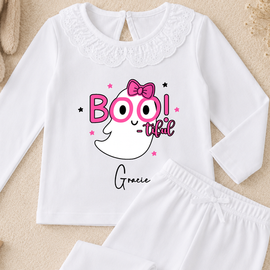 Personalised Halloween pyjamas for girls with pink Boo-tiful ghost design, custom name and white frill collar, cute kids Halloween nightwear.