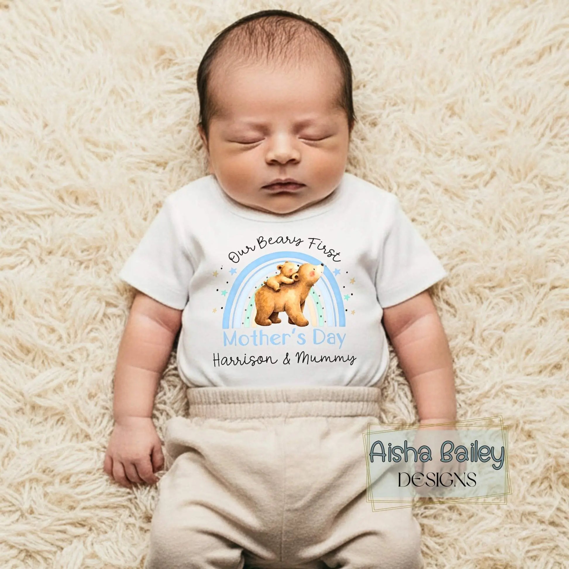 Personalised 1st Mother’s Day baby boy sleepsuit with Our Beary First Mother’s Day bear and rainbow design, custom name keepsake gift for First Mothers Day
