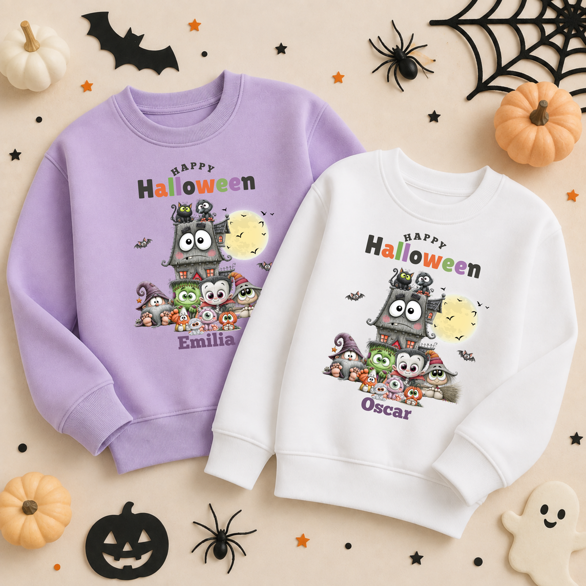 Monster Munchkin personalised HallPersonalised Halloween Sweatshirt for kids with cute monsters, haunted house, moon, bats and child's name