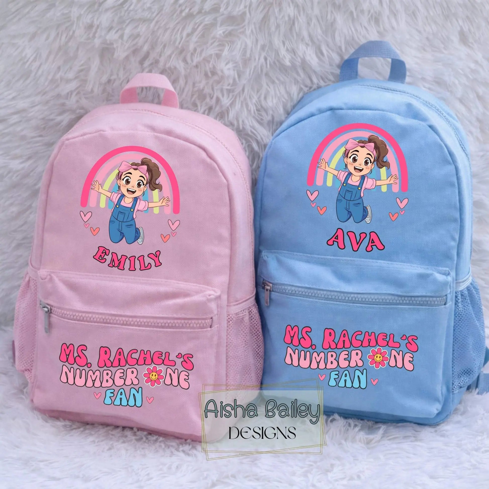 Personalised Ms Rachel backpack for kids with custom name, rainbow design toddler school bag in pink, blue and beige