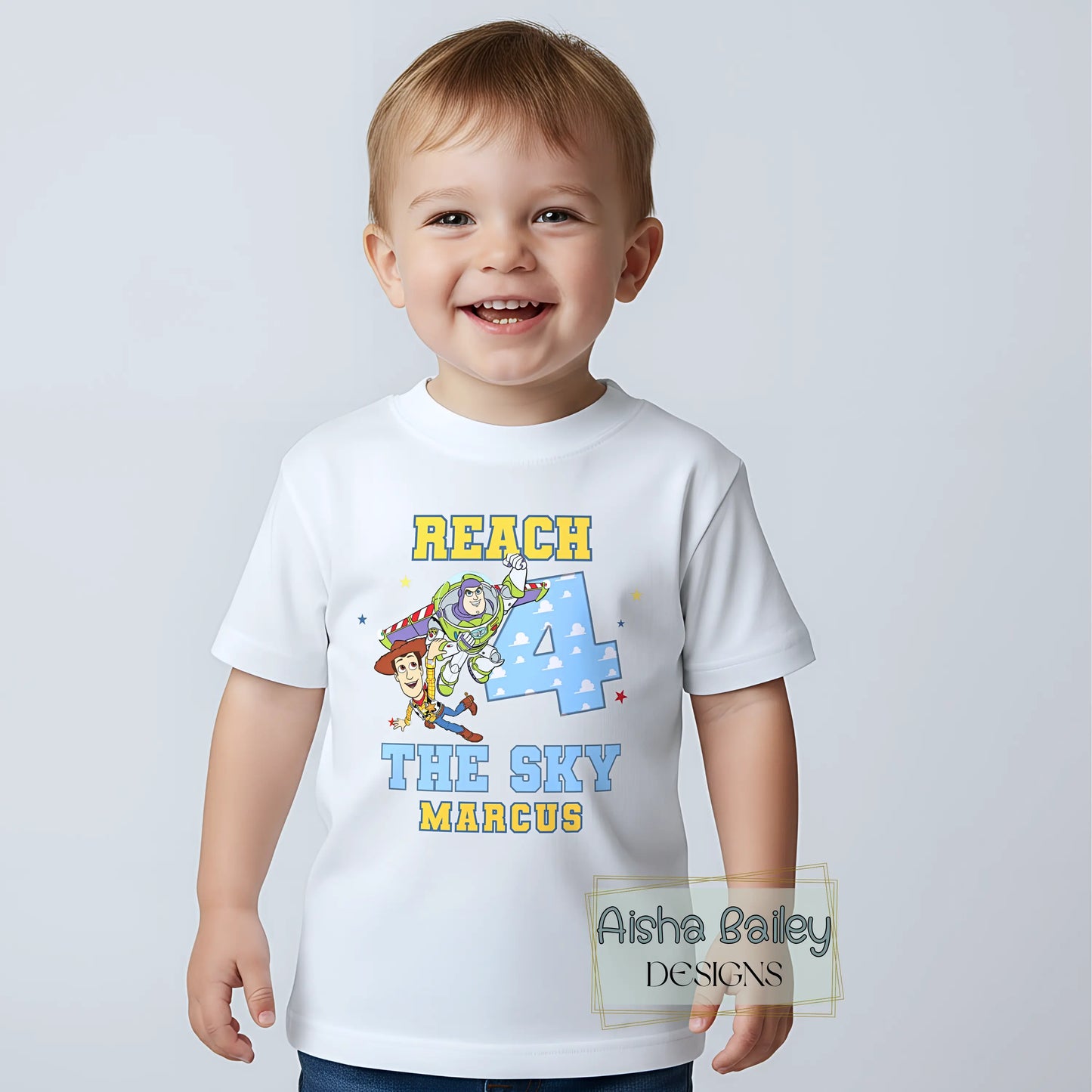 Personalised Toy Story birthday t-shirt for boys 4th birthday with custom name reach 4 the sky design