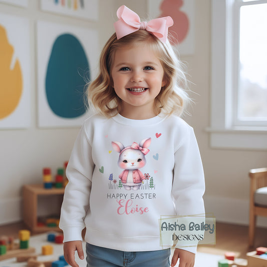 Personalised Easter top: sweatshirt or t-shirt for girls with cute bunny design and custom name detail