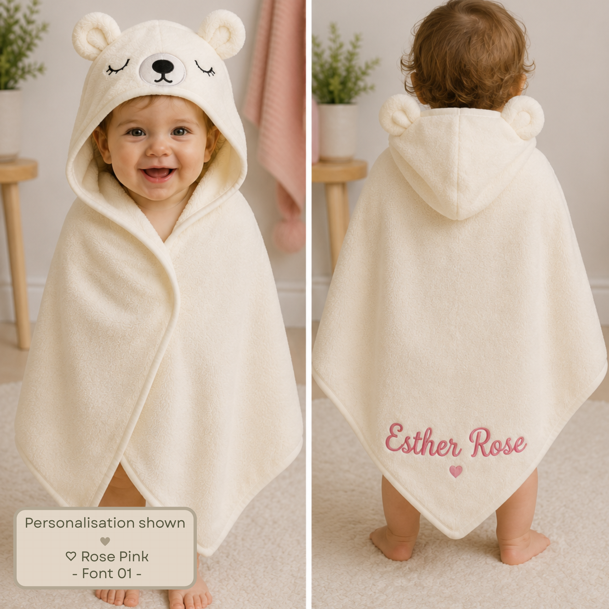 Personalised embroidered baby and toddler hooded towel with animal character hood, suitable from newborn to 3 years. A baby wearing a cream-colored plush hooded towel with bear ears and embroidered facial features, shown from both the front and back. The back features the custom name 'Esther Rose' in pink script with a small heart.