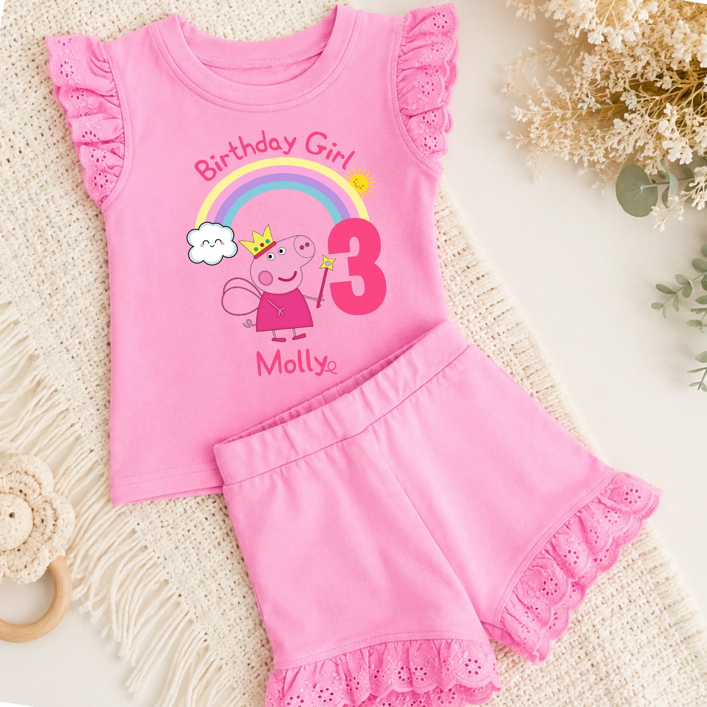 Personalised Peppa Pig Birthday Outfit for Girls – Frilly Top and Shorts Set with Name & Age AishaBaileyDesigns