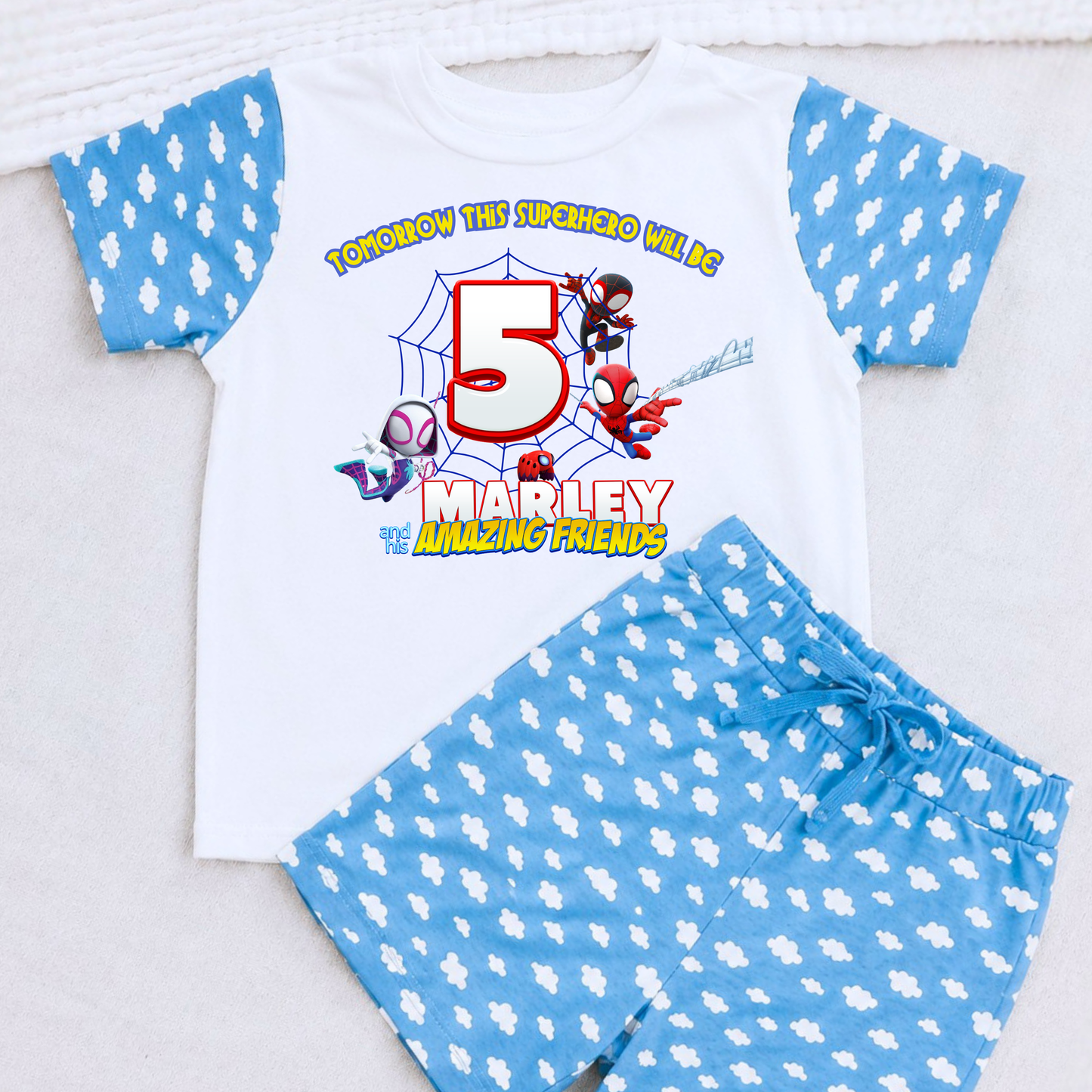 Personalised Spidey Short Birthday Pyjamas for Boys with custom name and age superhero birthday design on soft short sleeve children's pyjama set.
