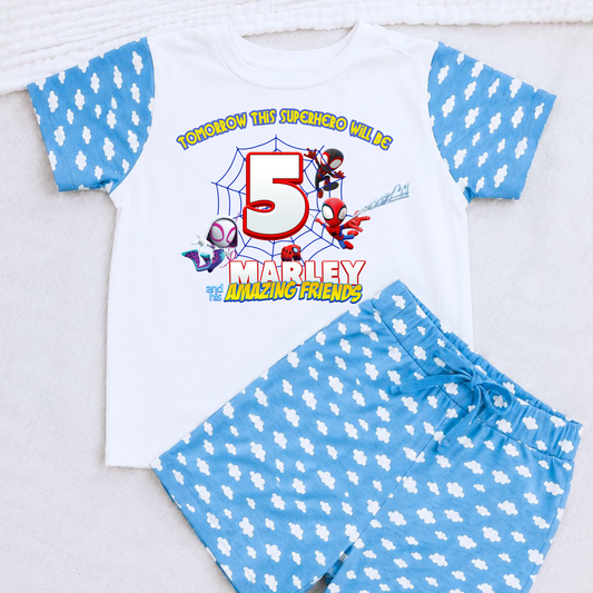 Personalised Spidey Short Birthday Pyjamas for Boys with custom name and age superhero birthday design on soft short sleeve children's pyjama set.