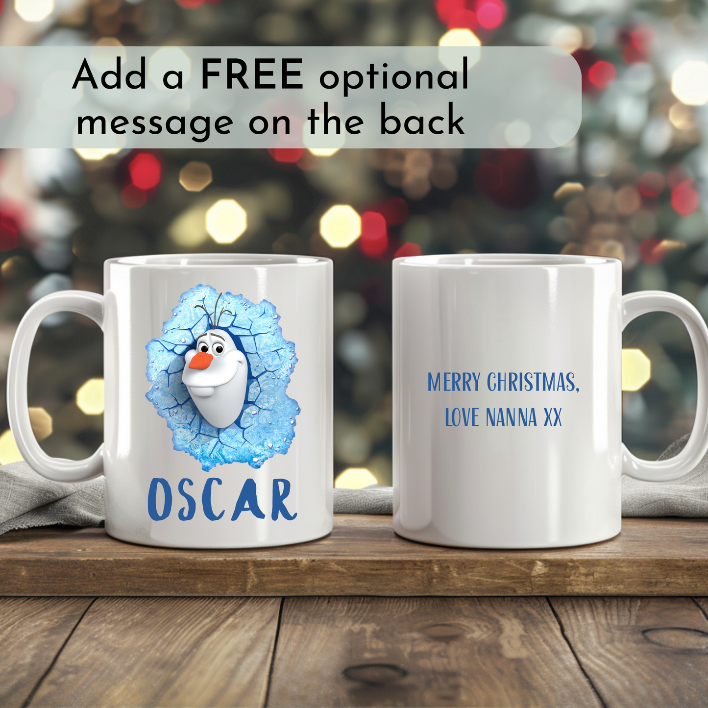 Kids Christmas Mug personalised with Frozen Olaf design and custom name.