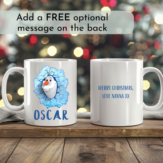 Kids Christmas Mug personalised with Frozen Olaf design and custom name.