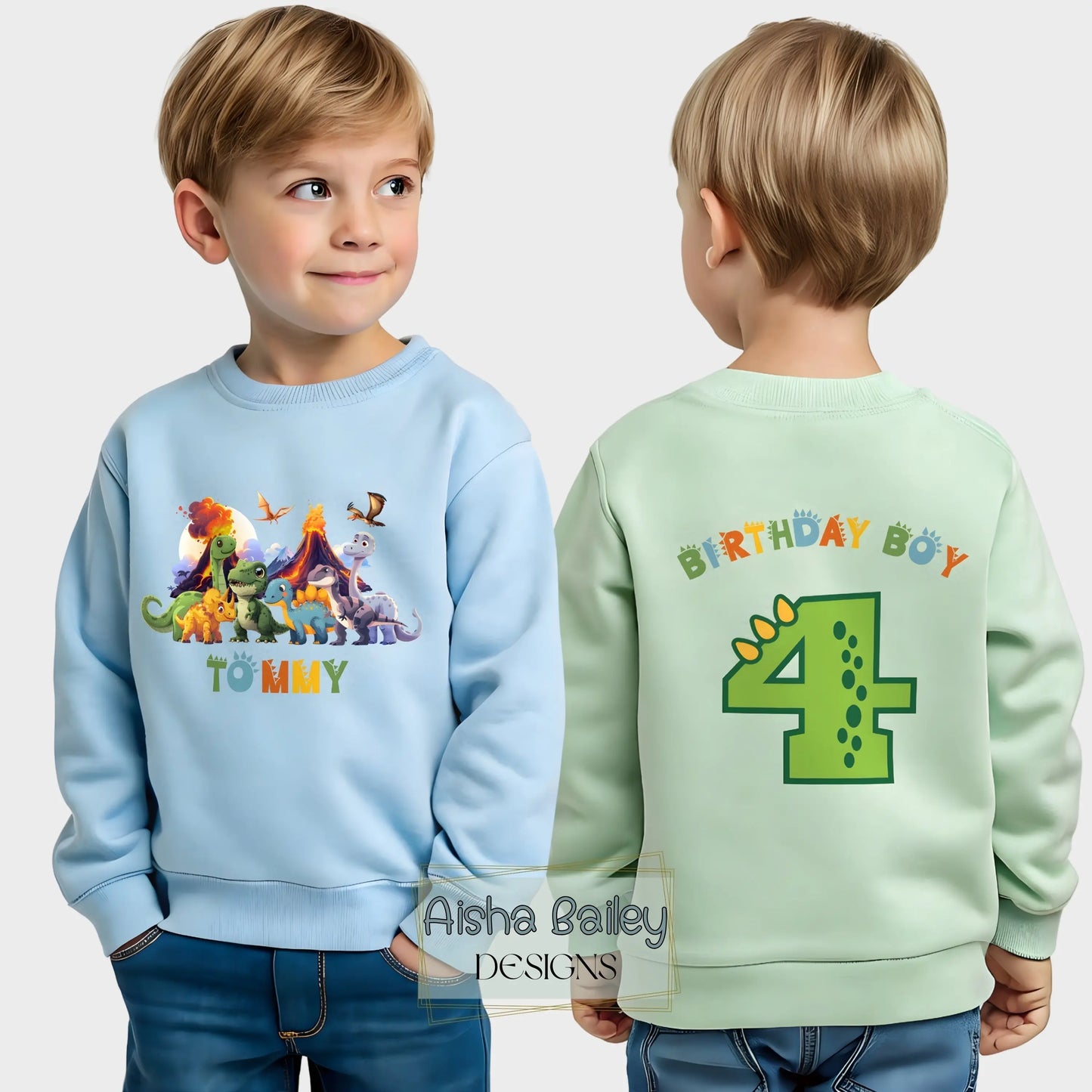 Dinosaur birthday sweatshirt for boys with personalised name and age, colourful dinosaur design and Birthday Boy print, cosy jumper for kids birthday party outfit